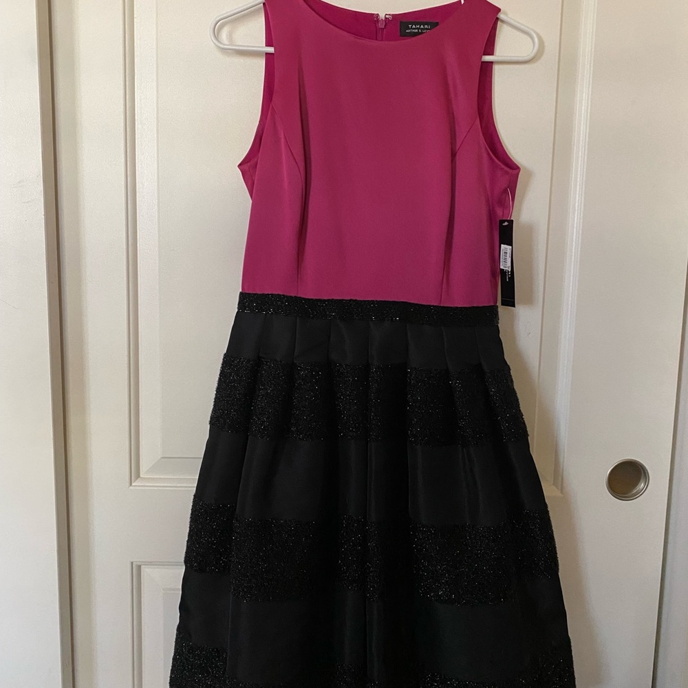 BRAND NEW Tahari Magenta and Black Sparkly Striped A Line Dress